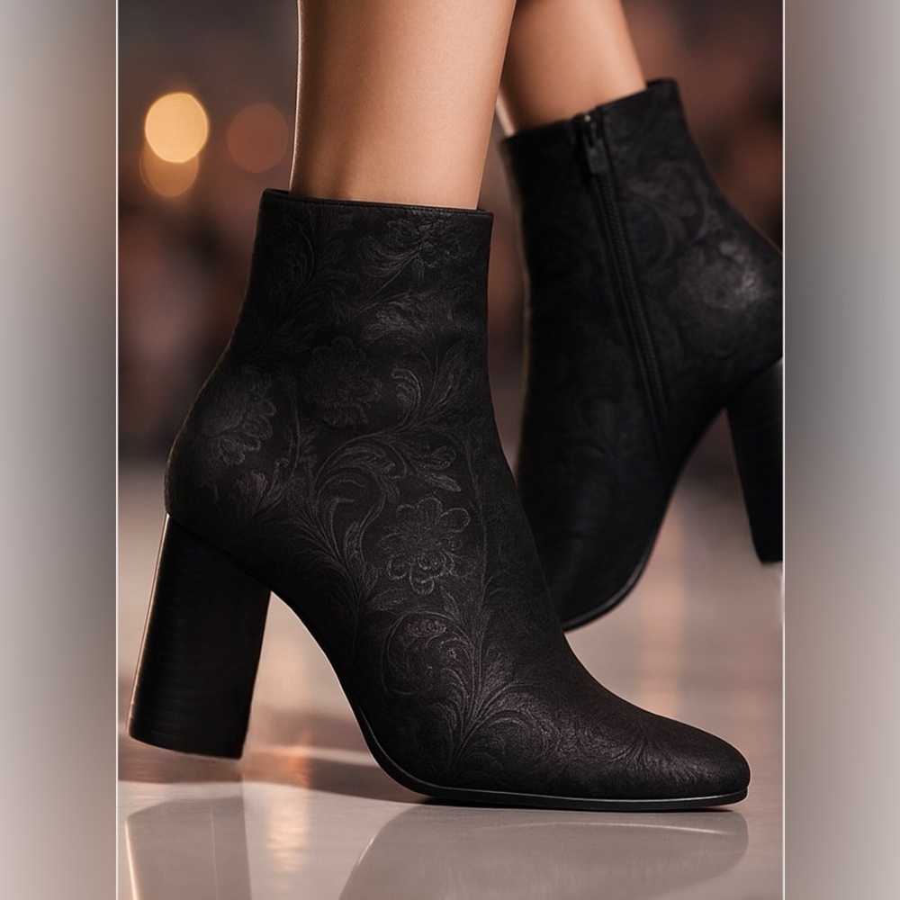 Marc Fisher black suede ankle boots with floral embossed pattern